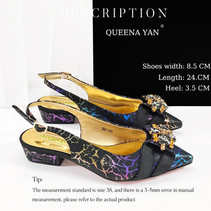 QueenaYan 2026 New Summer Collection Stylish Italian Women’s Shoes and Bag Set Gold Colour Comfortable Low Heels With Rhinestone