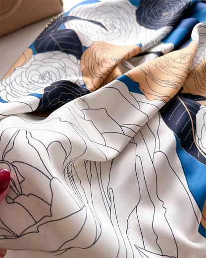 90cm Floral Print Silk Square Scarf Women Luxury Brand Satin Shawls Neckerchief Wrap Scarves Bandana Hair Hjiab Bohemian Style