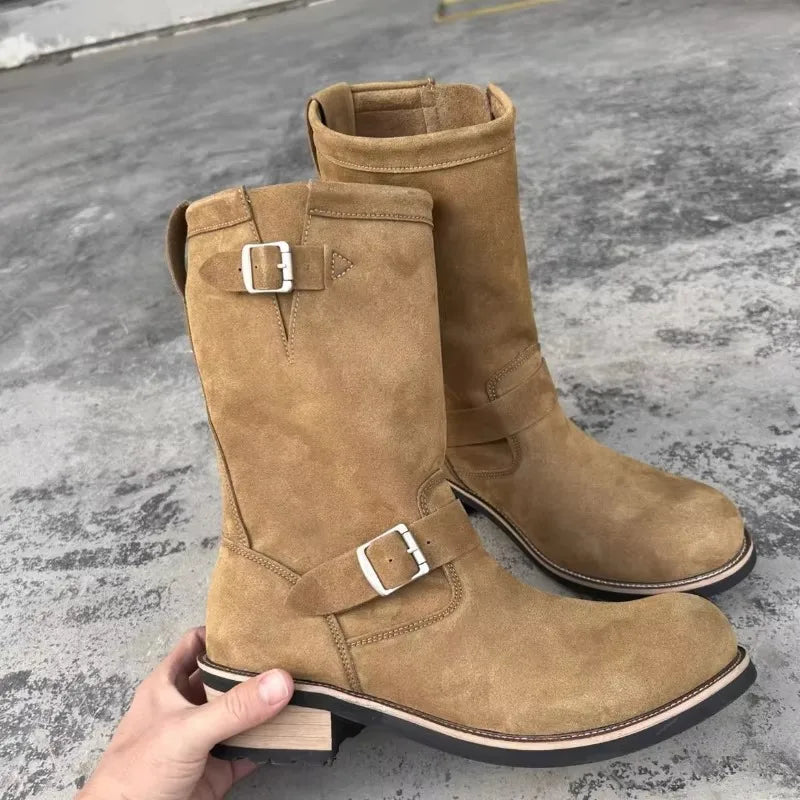 New Men'S PU Leather Boots Men'S Leather Round Middle Top Boots Flat Bottomed Boots Men'S Retro Trendy Leather Shoes