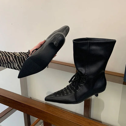 New Fashion Cross-tied Pointed Toe Women Ankle Boots Autumn Winter Thin Low Heels Party Dress Ladies Short Booties Shoes