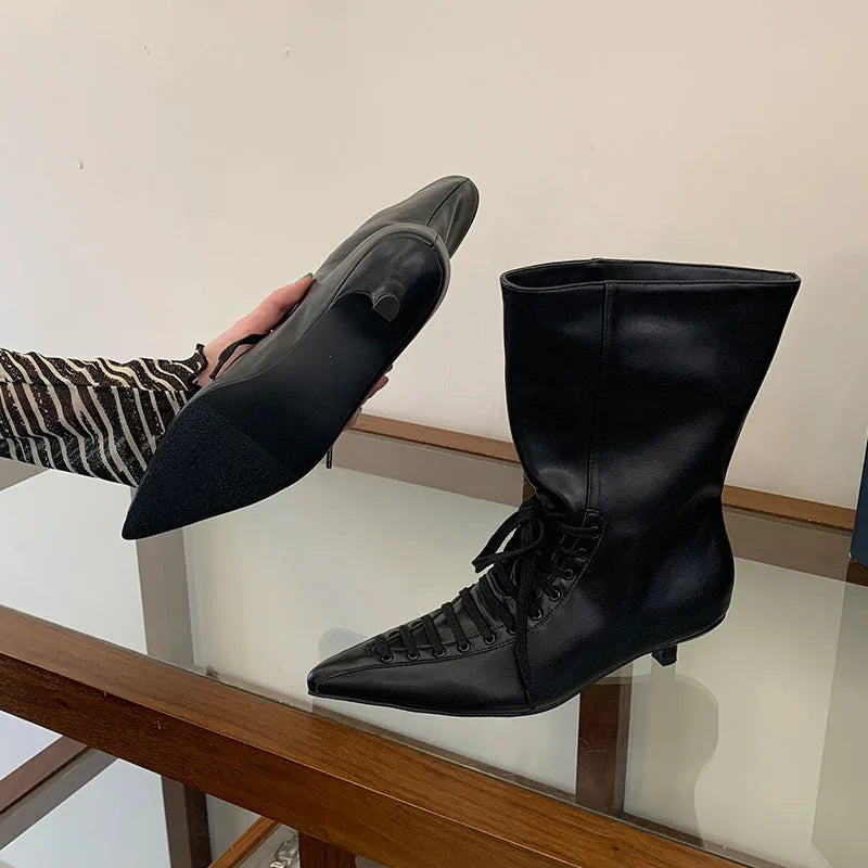 New Fashion Cross-tied Pointed Toe Women Ankle Boots Autumn Winter Thin Low Heels Party Dress Ladies Short Booties Shoes