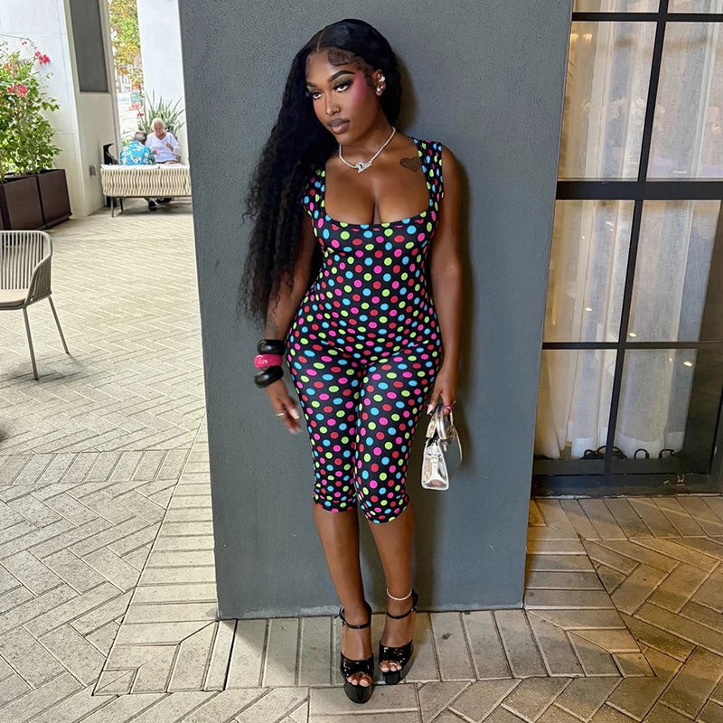 Sexy spicy girl print retro polka dot sleeveless square neck big backless seven part slim fit jumpsuit