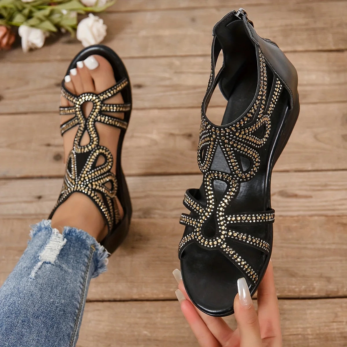 Fashion Wedge Beach Casual Rhinestone Zip-Back Women's Sandals Crystal Upper Luxury Sandals Khaki Big Size 43 Footwear