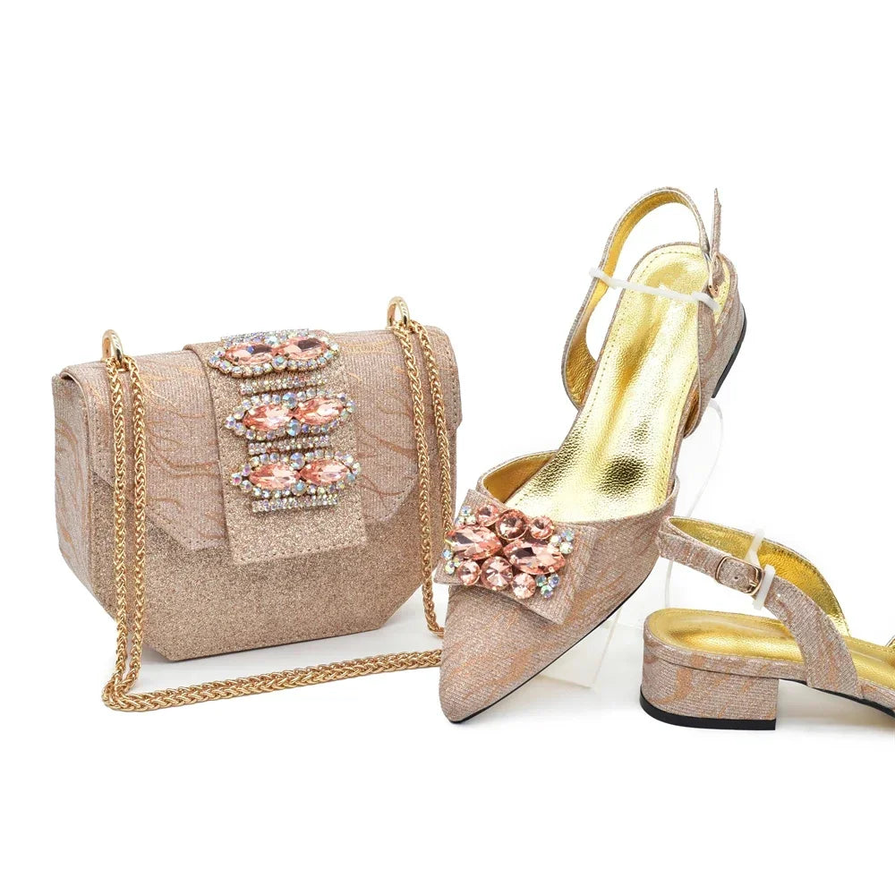 Latest Party Shoes and Bags To Match for Nigerian Elegant Luxury Low Heels Pointed Toe Rhinestone Shoe and Bag Set for Wedding