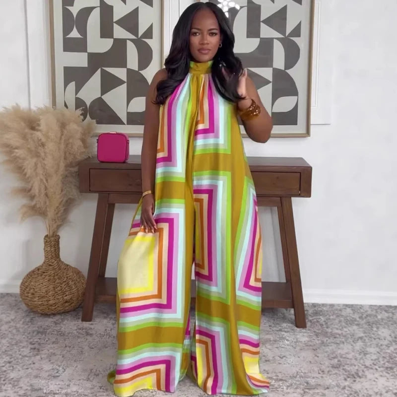 New Design African Fashion Women Jumpsuit Summer Geometric Printed Halter Sleeveless Wide Leg Jumpsuits Oufits Streetwear