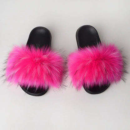 Women's Summer Faux Fur Fox Fur Slippers Fashion Luxury Indoor and Outdoor Non-Slip Solid Color Flat Bottom Furry Sandals