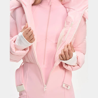 Thicken One-piece Ski Suit Women Faux Fur Hooded Tassels Coat High Waist Belt Jumpsuit 2025 Winter Windproof Waterproof Skiwears