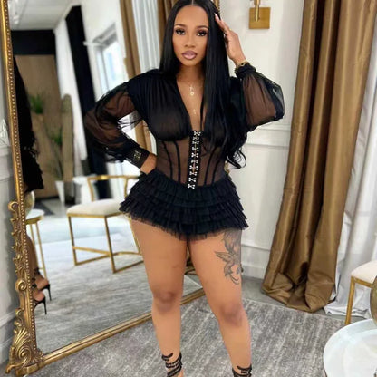 Sexy Mesh Corset Jumpsuit Women Gothic Ruffle Layered Rompers Long Sleeve Sheer Bodysuit Cross-pants Party Nightclub Romper