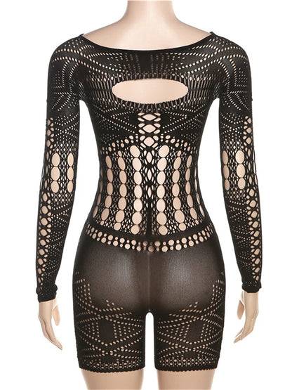 Streetwear Women 2023 One-pieces Outfits Rompers Jumpsuits Summer Long Sleeve Hollow Out Bodycon Mesh Black Romper Playsuits