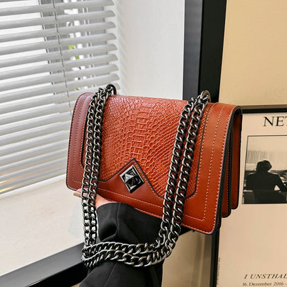 Leather Shoulder Bag Chain Purse for Women - Fashion Crossbody Bags Vintage Snake Print Underarm Bag Square Satchel Handbag