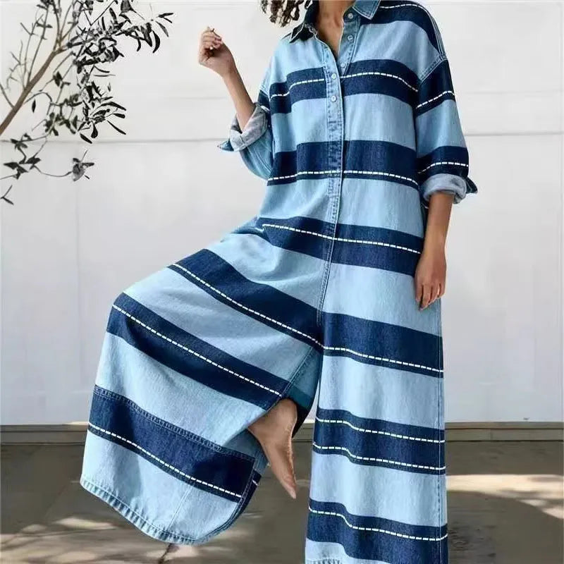 Red Heart Print Wide Leg Jumpsuits Woman Turn-down Collar Button Shirt Rompers Spring Long Sleeve Loose Imitation Denim Overalls