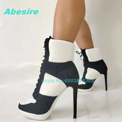Mixed-Color Air Mesh Cross-Tied Ankle Boots Round Toe Thin Heels Platform Shoes for Women Casual Concise Daily Comfortable Shoes