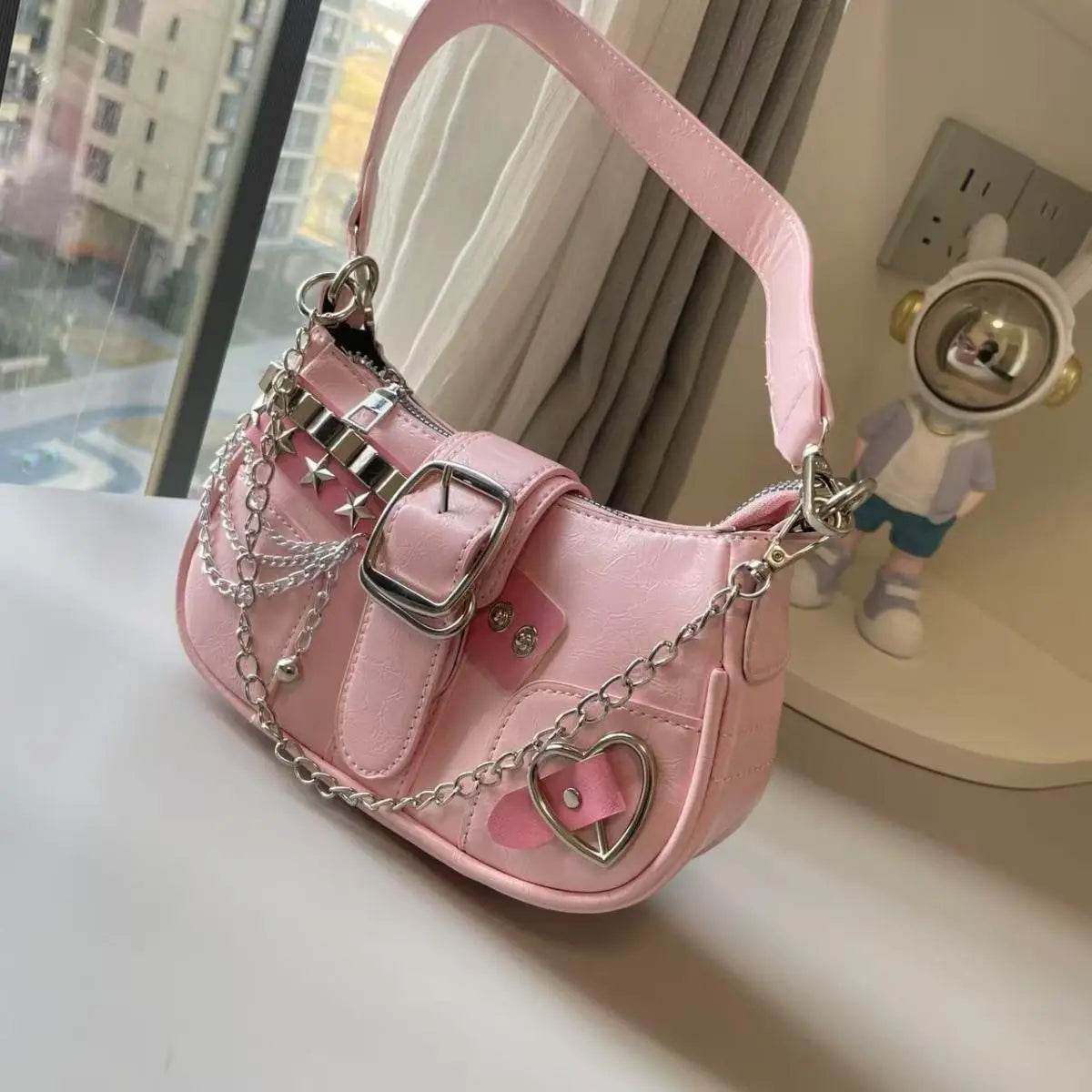 Fashion Hot Girls Square Shoulder Bags Retro Rivet Star Women's Underarm Bag Sweet Pu Leather Female Chain Handbags Pink Purse