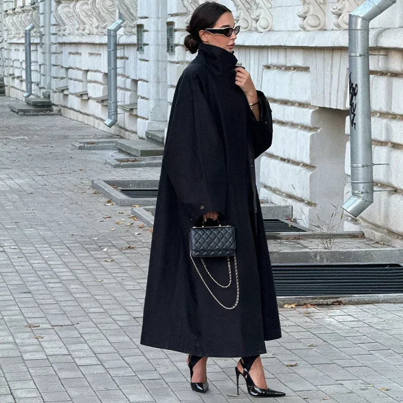 Black Stand Collar Trench Coat Women Casual Long Sleeve Single-breasted Loose Windbreaker 2026 Lady Autumn High Street Outwear