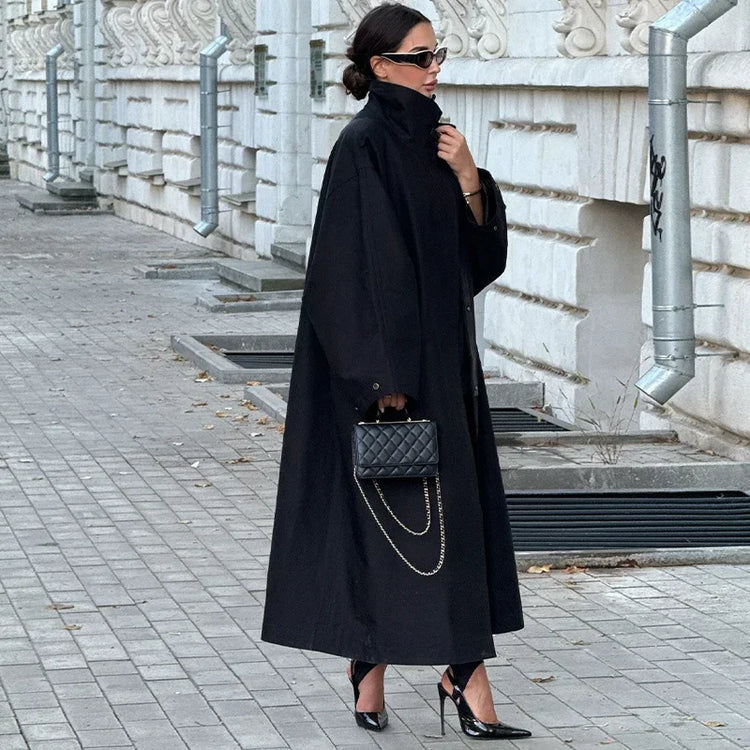 Black Stand Collar Trench Coat Women Casual Long Sleeve Single-breasted Loose Windbreaker 2026 Lady Autumn High Street Outwear