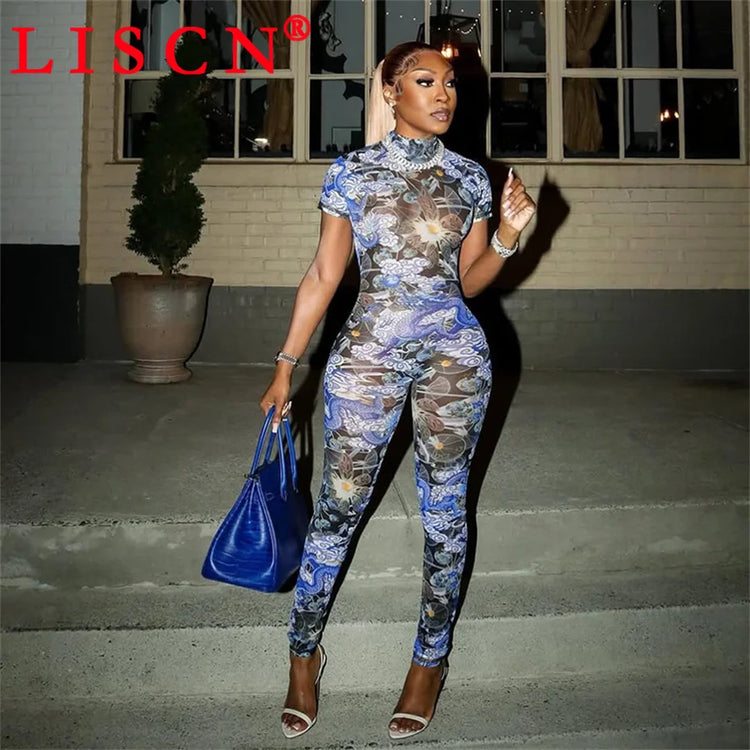 10 Wholesale Items Jumpsuits Women Summer 2025 Short Sleeve Bodycon Sexy Y2k Printing Mesh See Through Backless Rompers K15151