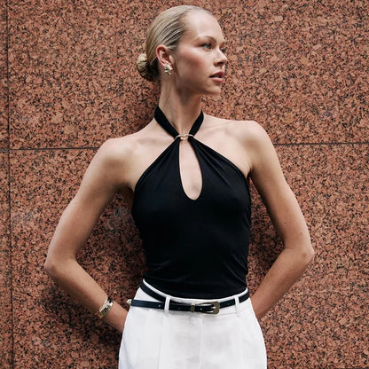 Women'S Solid Color Hanging Neck Tie Hollow Out Metal Ring Strapless Backless Tank Top Summer New Fashion Street Tank
