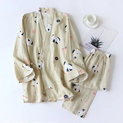 2026 new seven-sleeve Japanese-style kimono pajamas set female spring and autumn 100% cotton gauze home clothes cute sweet two-p