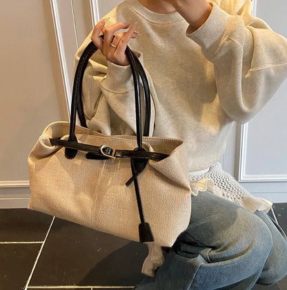 CLAREGQI  Women's Large Capacity Canvas Tote Bag, Leather Handle Shoulder Underarm Bag, Versatile Casual Commuter & Travel Handb