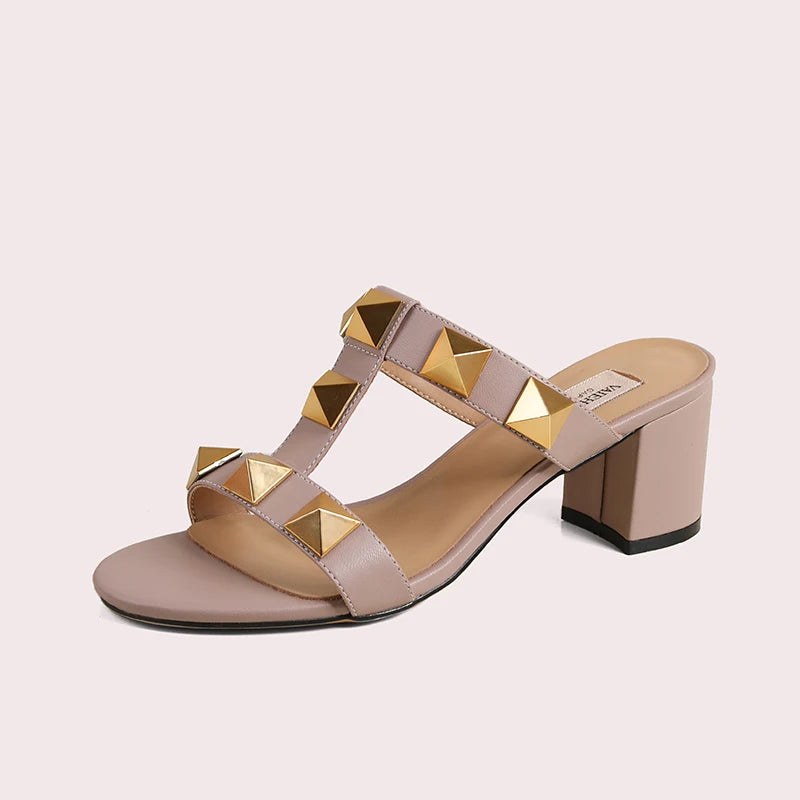 Women's Sandals Summer Gladiator Heeled Sandals Luxury Heeled Slippers Rivets Open Toe High Heels Elegant Ladies Shoes Women