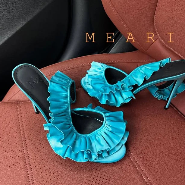 Solid Satin Ruffles Stiletto Sandals Women Elegant Back Strap Sweet Party Flower Shoes Ladies Open Toe Leopard Evening Sandals