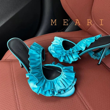 Solid Satin Ruffles Stiletto Sandals Women Elegant Back Strap Sweet Party Flower Shoes Ladies Open Toe Leopard Evening Sandals