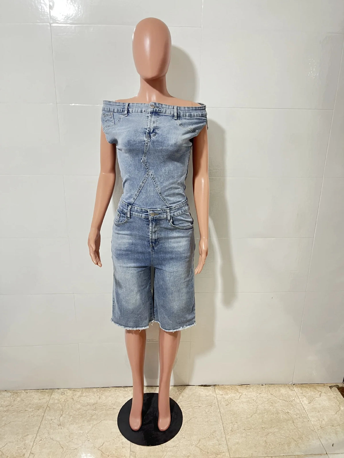 Jumpsuits Women Denim One Piece Short Sleeve Overalls Knee Length Pants Tight Waist Rompers Y2k Streetwear Slash Neck 2026
