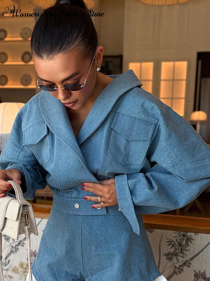 Street Lapel Cropped Coat Shorts Set Women's Solid Single Button Full Sleeve Jackets Ruffles Short Pants 2026 New Lady Outfits