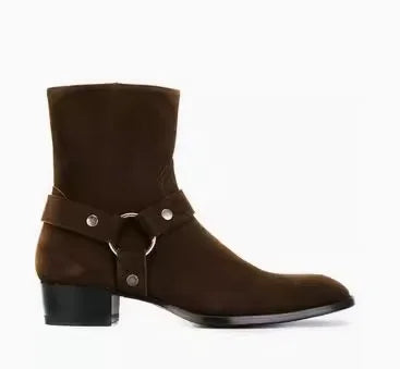 Brown Men Chelsea Boots Handmade High-quality Cow Suede Business Casual Square Toe Mid-heel Men Shoes Motorcycle Boots With Heel