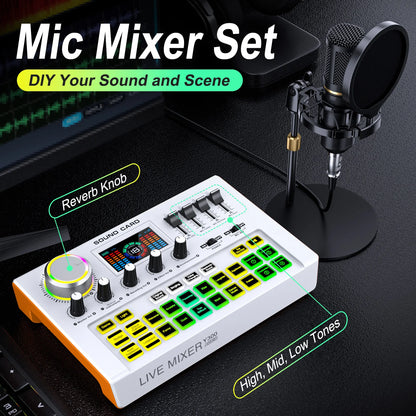 Tenlamp Y300-BM800 Podcast Equipment Bundle Kit for 4 People, Live Sound Card Audio Mixer with 3.5mm Condenser Mic for PC Phone, Professional Studio Setup for Live Streaming Gaming Karaoke Vlog