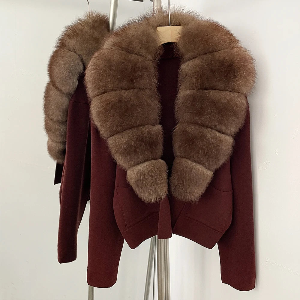 OFTBUY Loose Fit Warm Winter Fashion Lady Outerwear Sweater Female 2025 New Women's Knit Cardigan with Large Real Fox Fur Collar