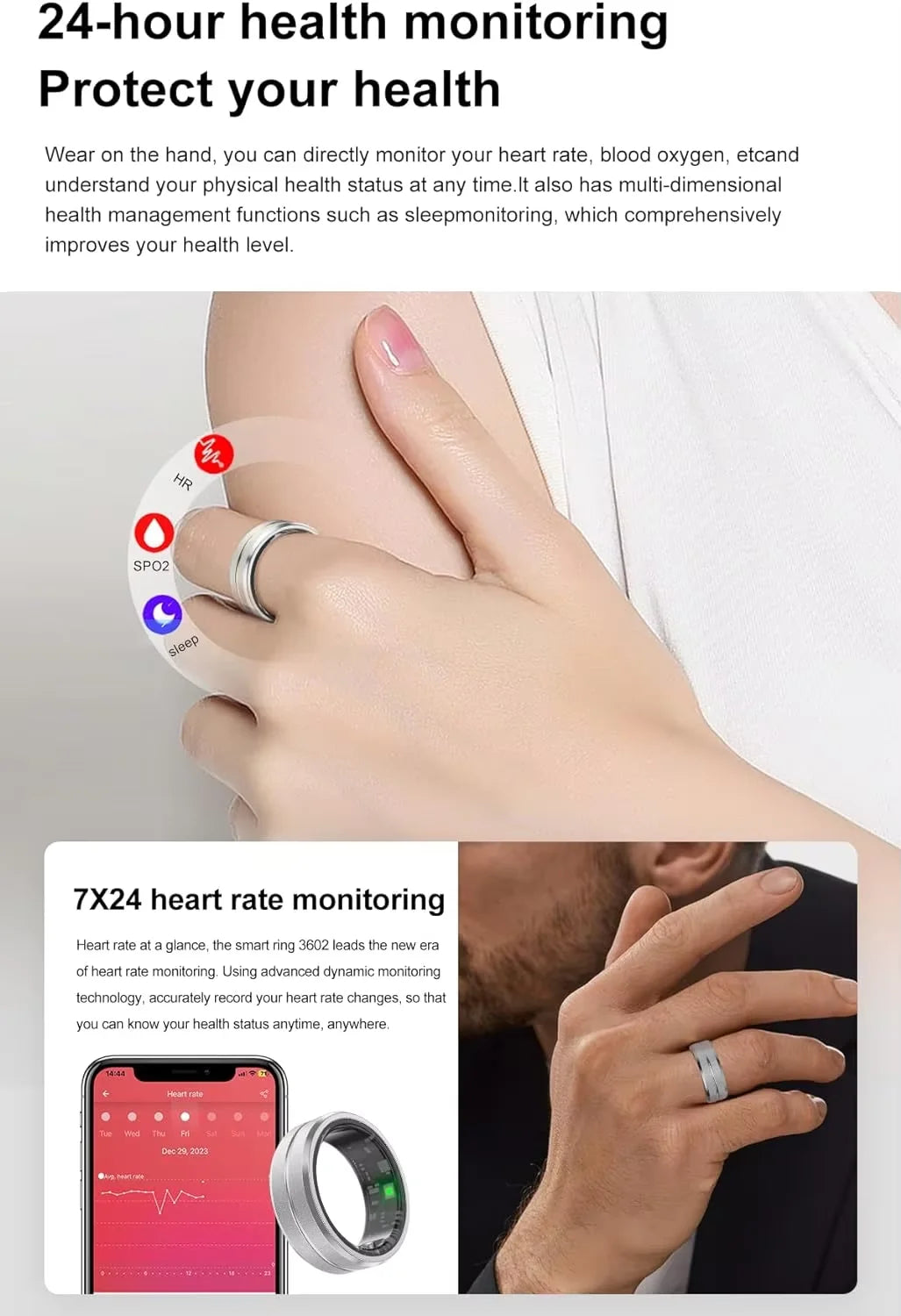 2026 New Smart Ring Heart Rate Blood Pressure Sleep Monitoring Motion Tracking IP68 Waterproof Men Women Smart Ring Holiday Gift