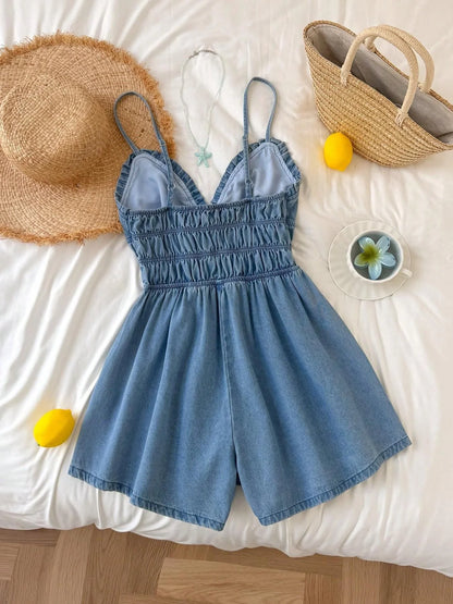 Plus Size Ruffle V-Neck Denim Jumpsuit, Elastic Waist Thin Shoulder Straps Short Jumpsuit, Comfortable and Stylish for Women