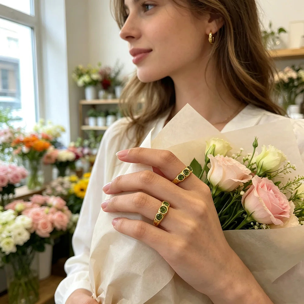 E.B.belle New Vintage Style Three Green Zircon Ring PVD Plated 316L Stainless Steel Simple Women Statement Finger Chic Jewelry