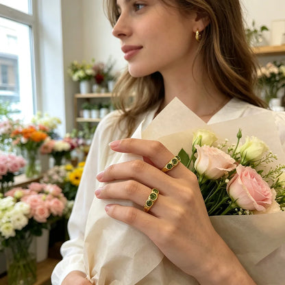 E.B.belle New Vintage Style Three Green Zircon Ring PVD Plated 316L Stainless Steel Simple Women Statement Finger Chic Jewelry