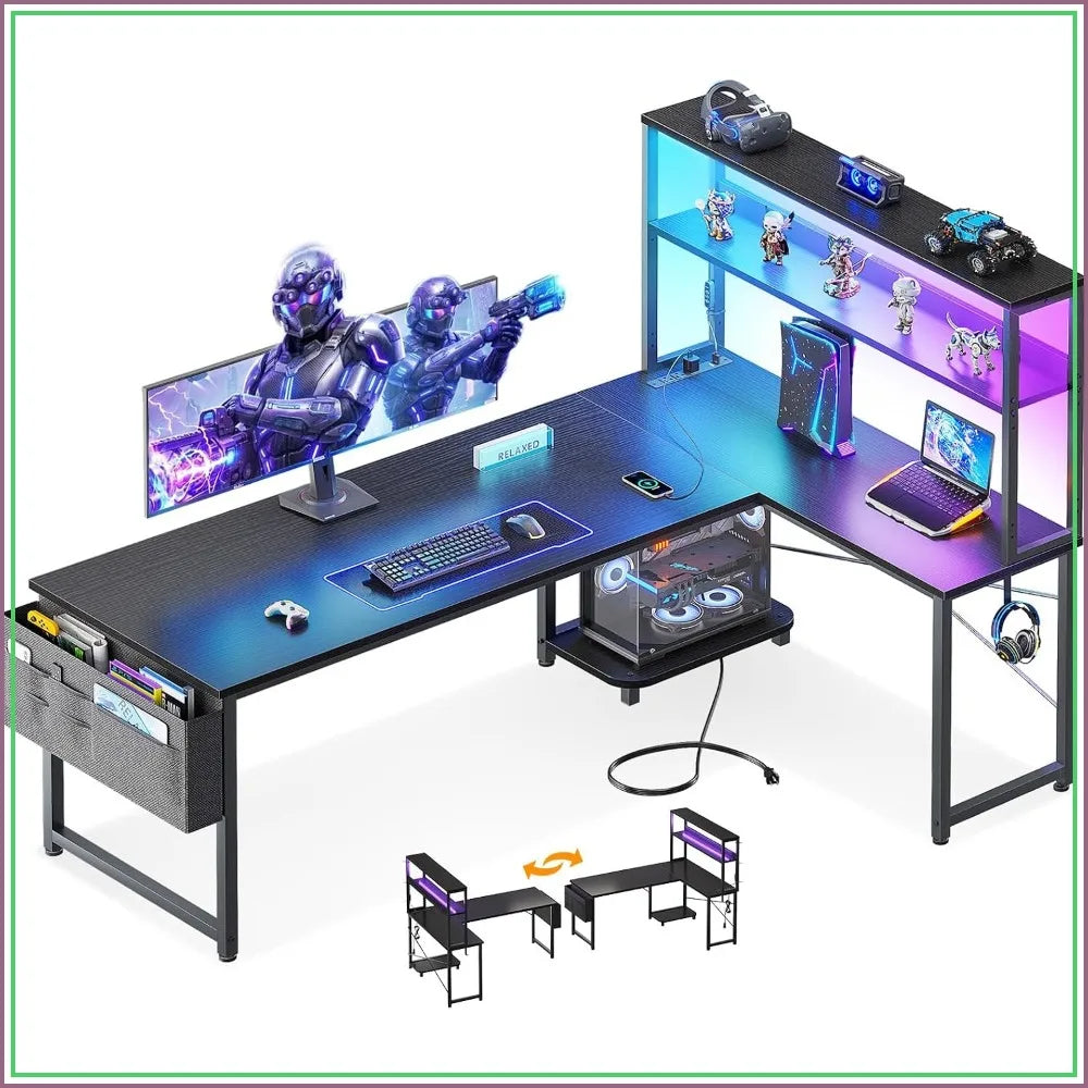 61" L Shaped Gaming Computer Desk with Shelves, LED Lights & Outlets, Black