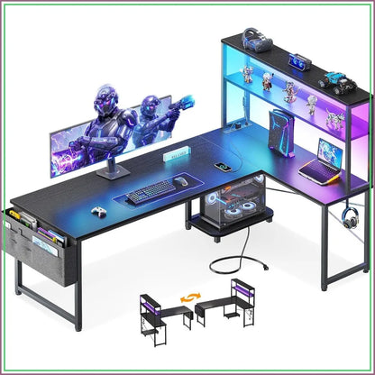 61" L Shaped Gaming Computer Desk with Shelves, LED Lights & Outlets, Black