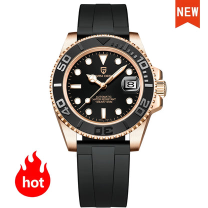 Hot Top PAGANI DESIGN Men Automatic Mechanical Watch Rose Gold Case Black Rubber Strap Dive Watch Sapphire Glass 100M Waterproof Luminous Date Sport Mens Wristwatch Relogio Masculino