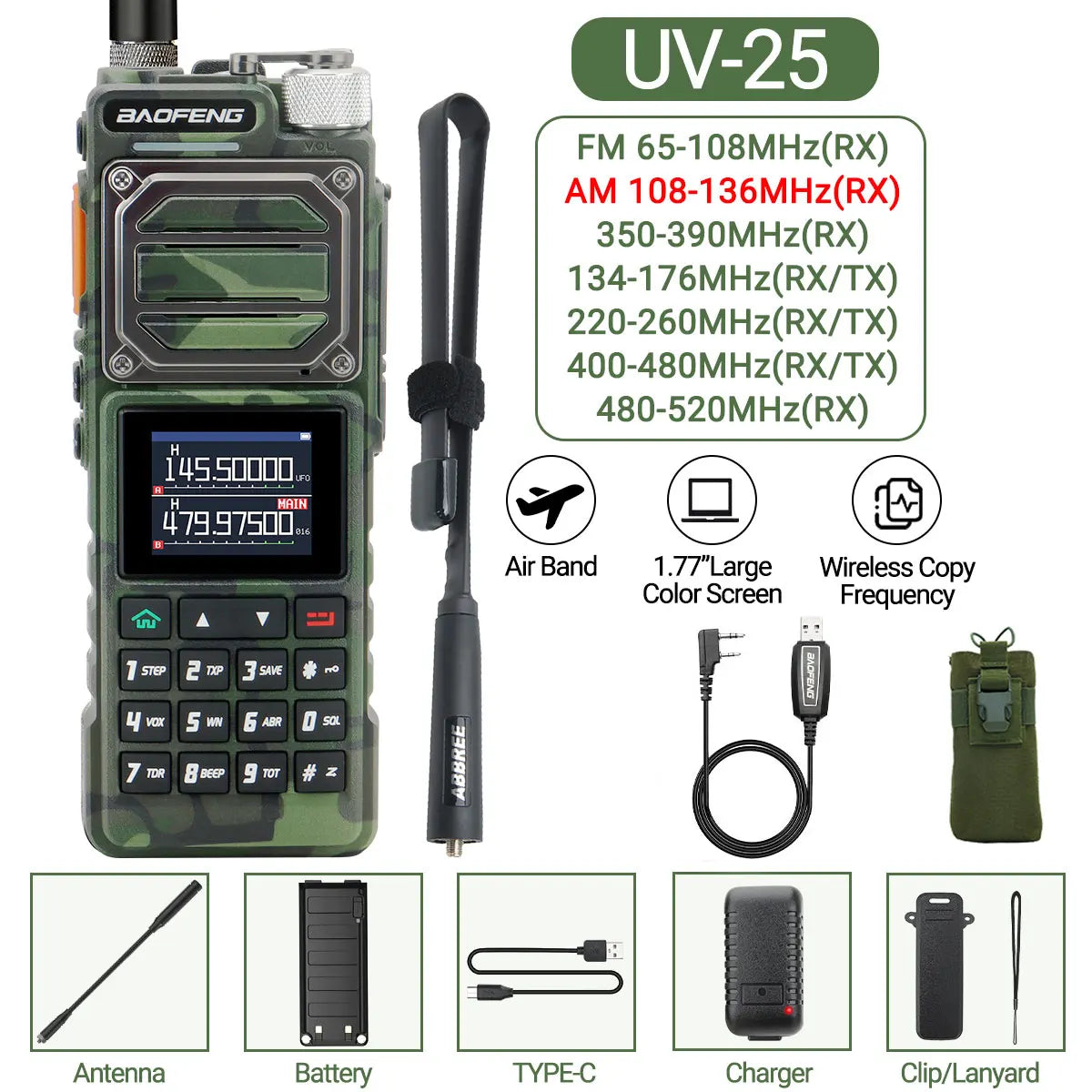 Baofeng UV-25 Air Band Walkie TalkieS Long Range UHF VHF  Wireless Copy Frequency  NOAA Type-C Charge AM Ham Two Way Radio UV-21