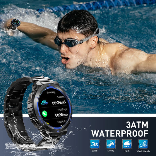 EIGIIS Smart Watches for Men with LED Flashlight 1.53" HD with 100+ Sport Modes Health/Sleep Monitor and 3ATM Waterproof Watche