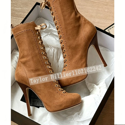 Women Retro Lace Up Stiletto Ankle Boots Round Toe Side Zipper Platform High Heel Short Bootie Fashion Ladies Thin Heel Footwear
