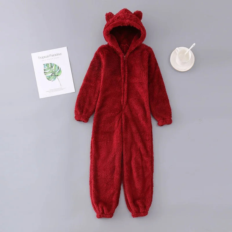 Women's Fleece Oneseies Zip Up Hooded Pajamas Rompers Cozy Sleepwear Pyjamas Autumn Winter Warm Loungewear Jumpsuit