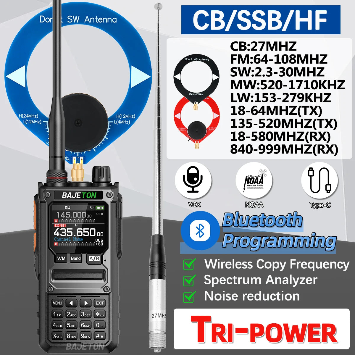 BAJETON BJ-7800 Walkie Talkie Long Range SW MW LW AM SSB CB 10W Wireless Bluetooth Phone Programming NOAA Two Way Radio RT-920