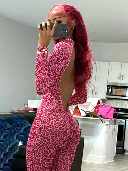 Nibber Hottie Leopard Print Jumpsuits Women Mesh Patchwork Turtleneck Backless Full Sleeve Skinny Peach Hip Hipster Overalls