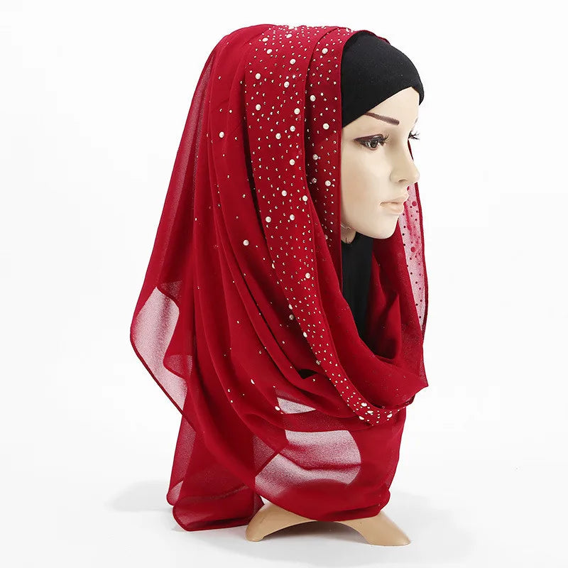 180*70CM New Plain Diamond Beads Bubble Chiffon Instant Hijab Shawls Solid Thick Head Wraps Foulard Sjaal Muslim Bonnet Cachecol