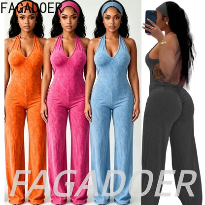 FAGADOER Fashion Solid Color Off Shoulder Halter Jumpsuits Sexy Back Hollow Out Ruched Rompers Casual Sports Fitness Playsuits