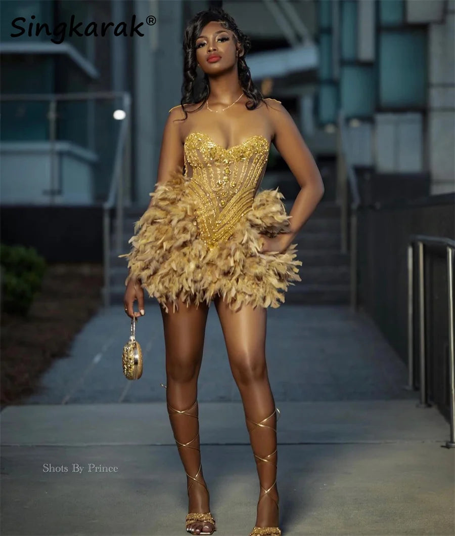 Glitter Gold Diamonds Prom Dress 2025 For Black Girls Glitter Bead Crystal Rhinestones Birthday Party Cocktail Senior Customized