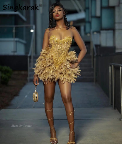 Glitter Gold Diamonds Prom Dress 2025 For Black Girls Glitter Bead Crystal Rhinestones Birthday Party Cocktail Senior Customized