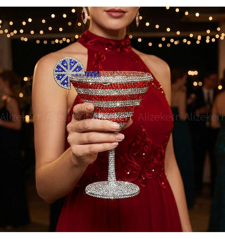 Alizekerr Cocktail Glass Shaped Rhinestone Evening Bags Luxury Designer Gorgeous Crystal Metal Purses And Handbags Wedding Party