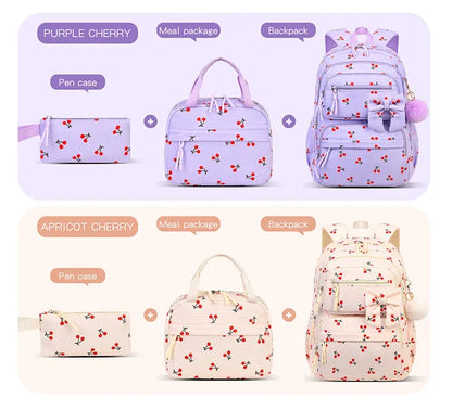 2026 High Quality Corduroy Three Piece Backpack with Cherry Pattern Princess Large Capacity Lightweight School Bag mochilas